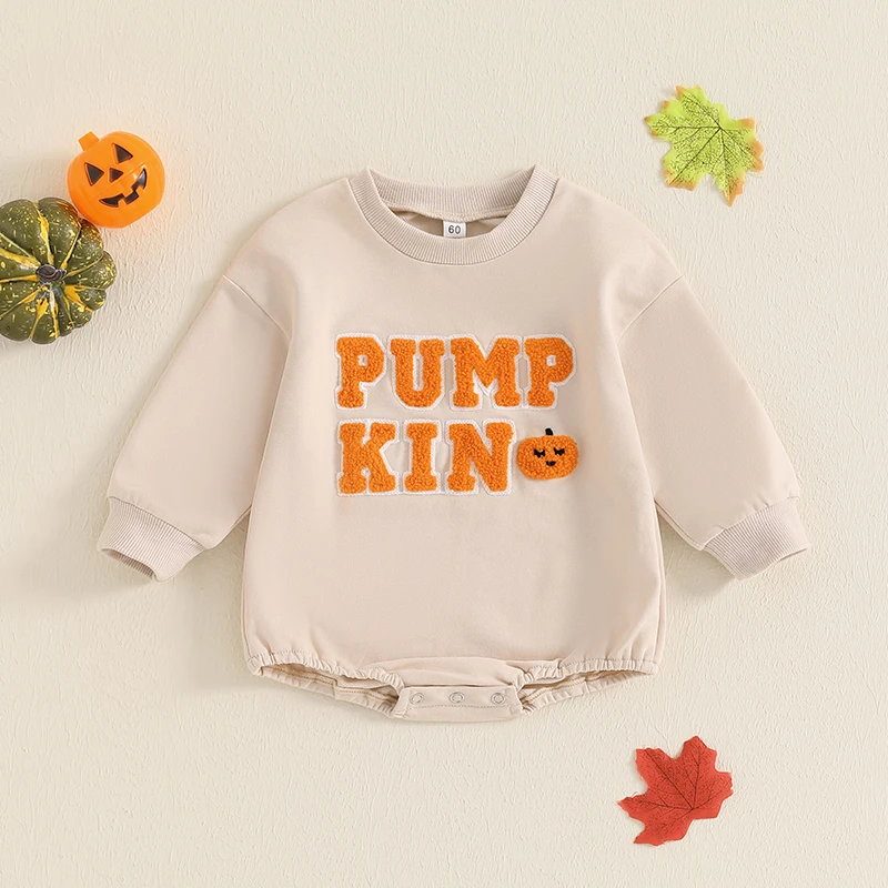 Romper Halloween bebê com abóbora carta bordado, camisola gola redonda, macacão manga longa