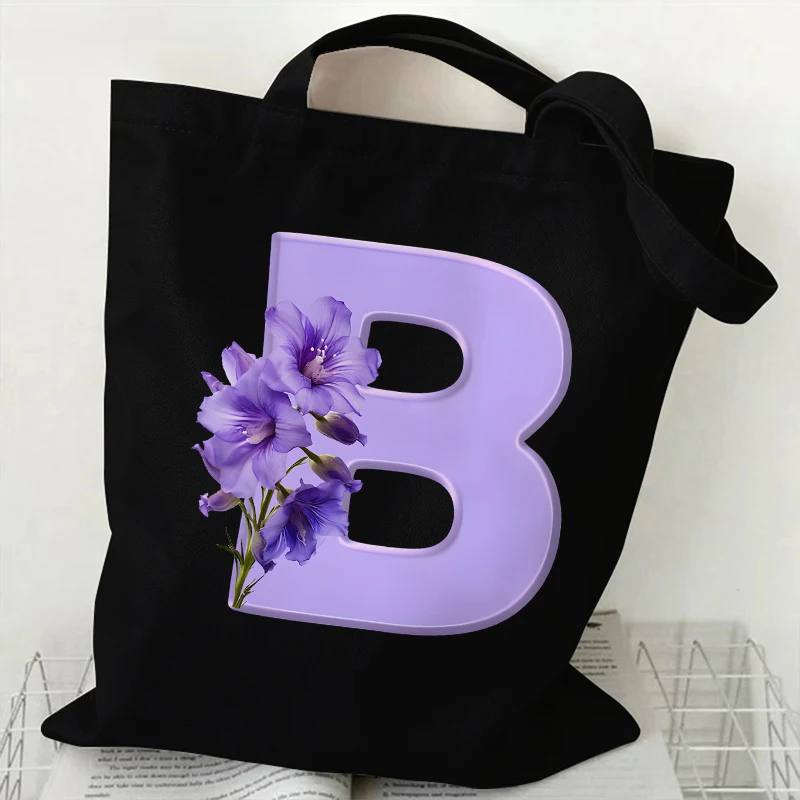 موضة الأرجواني الزهور قماش حمل حقيبة للنساء A-Z 26 الأبجدية حقيبة يد Harajuku المتسوق حقائب الجمالية حقيبة كتف الإناث #3