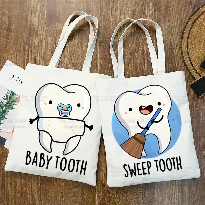 Aesthetic Funny Tooth Dentist Kawaii Shopping Bag Grocery Shopper Jute Bag Shopping Tote Bag Shoping Reusable Bolsa Sacolas