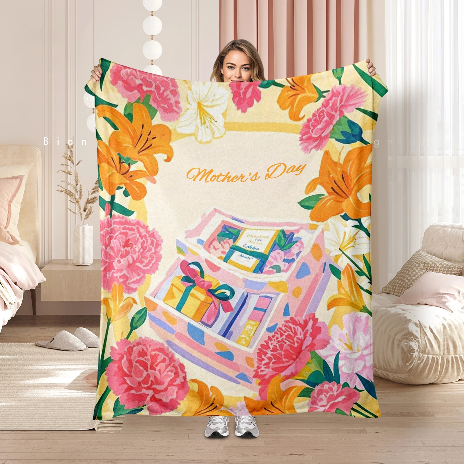 

Cozy Mother'S Day Flannel Blanket With Cartoon Gift And Flowers, Soft And Perfect For Family Gatherings