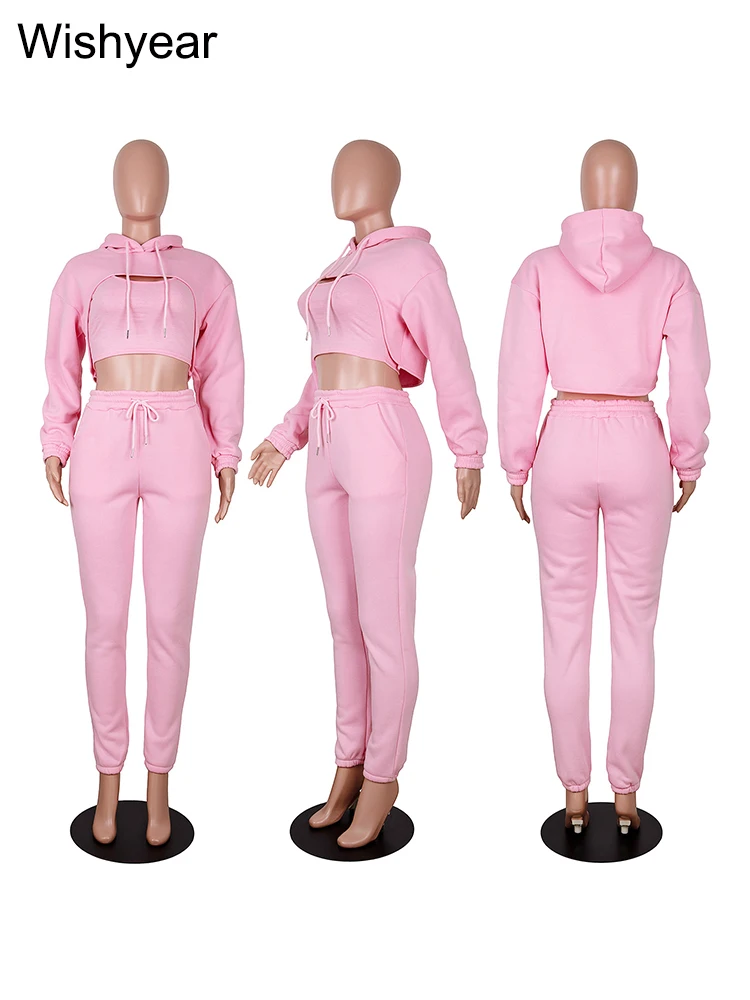 Tuta 3 pezzi pantaloni set per donna felpa con cappuccio in velluto Crop top + gilet + pantaloni della tuta tuta abbinata Sport Jogger abiti invernali autunnali