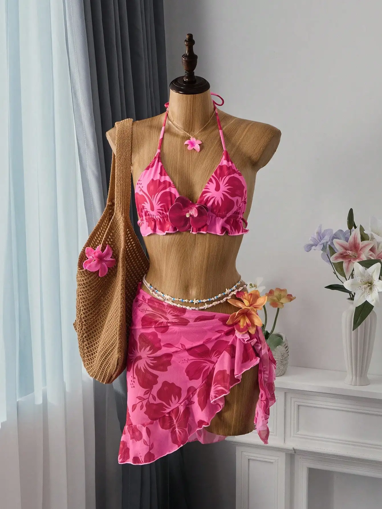 

Pink Floral Print Halter Bikini Set With Beach Skirt 3 Piece