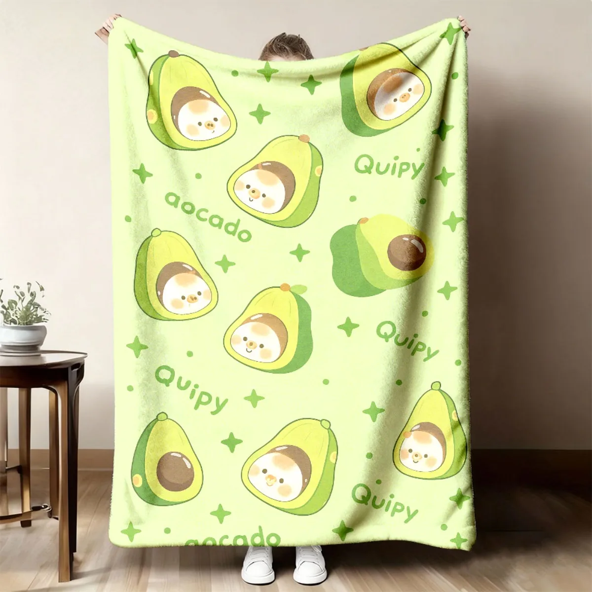 Fresh Kawaii Avocado Letter Star Warm Fleece Blanket, Soft Plush Fabric Travel Couch Bed Camping Coldproof Home Daily Supplies