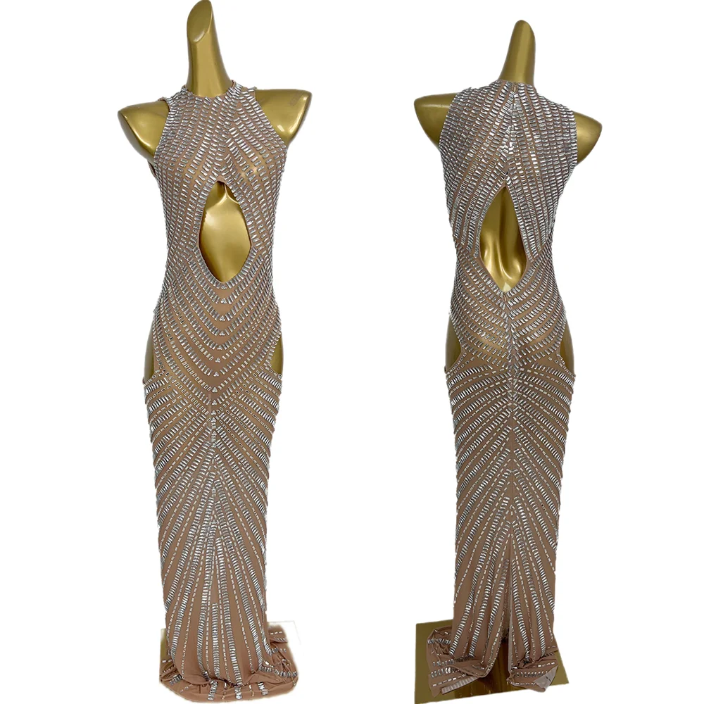 Elegante sem mangas cortar vestidos de festa strass night club baile vestido longo feminino até o chão formal cocktail vestido de noite