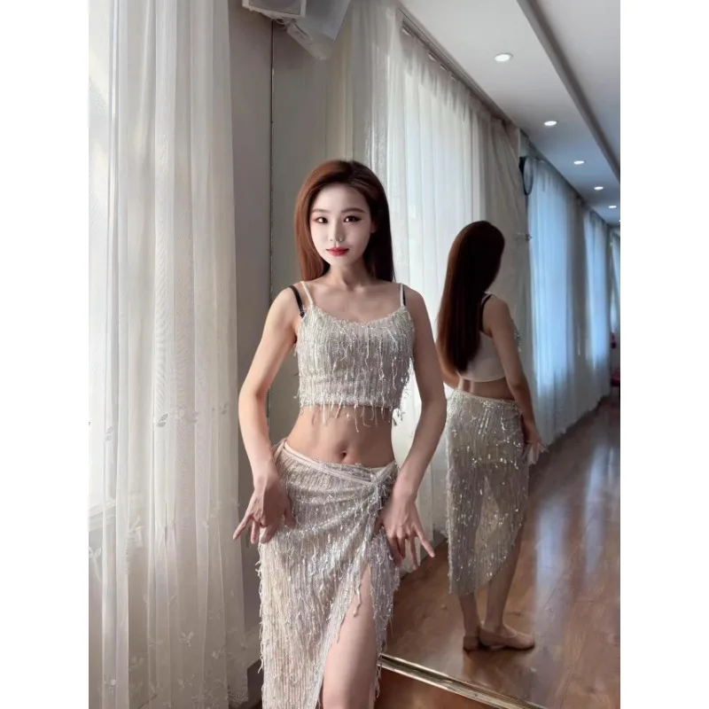 Customized Belly Dance Costumes Tassel Sequin Suit Vest Style Wrapped Skirt Set Performance Wear Practice Clothing Women