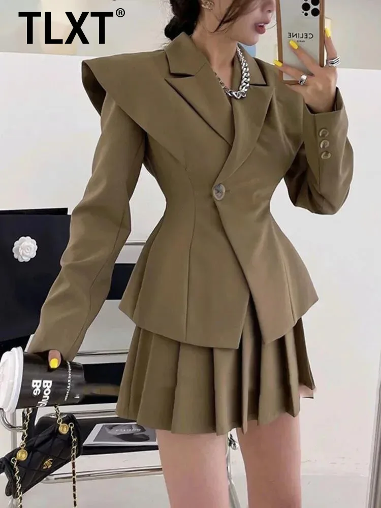 

TLXT модный офисный женский дизайнерский короткий блейзер, женская одежда, пальто, весна-осень 2024, новая модная плиссированная юбка, женская одежда из 2 предметов
