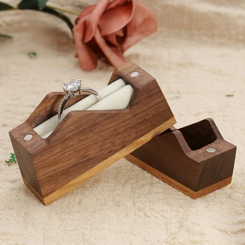 

Wooden Ring Box for Proposal (Black Walnut) - Compact Wedding/Engagement Ring Storage Gift