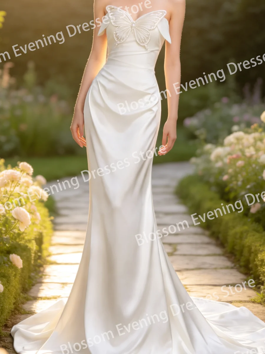 Elegant V-Neck Butterfly Sleeveless Ruched Mermaid Bride Wedding Dresses Bridal Gowns Customized