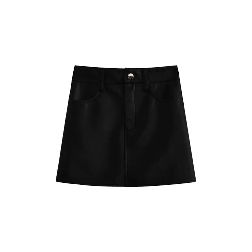 

Sweet Zipper PU Leather Skirt Solid Color Retro High Waist A-line Skirt Autumn Winter Slim Fit Skirt with Safety Pants Girls