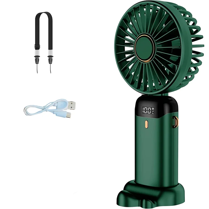 Handheld Fan, Mini Portable Personal Fan USB Rechargeable, Small Pocket Fan with Strap and Base 5 Speeds (Green)