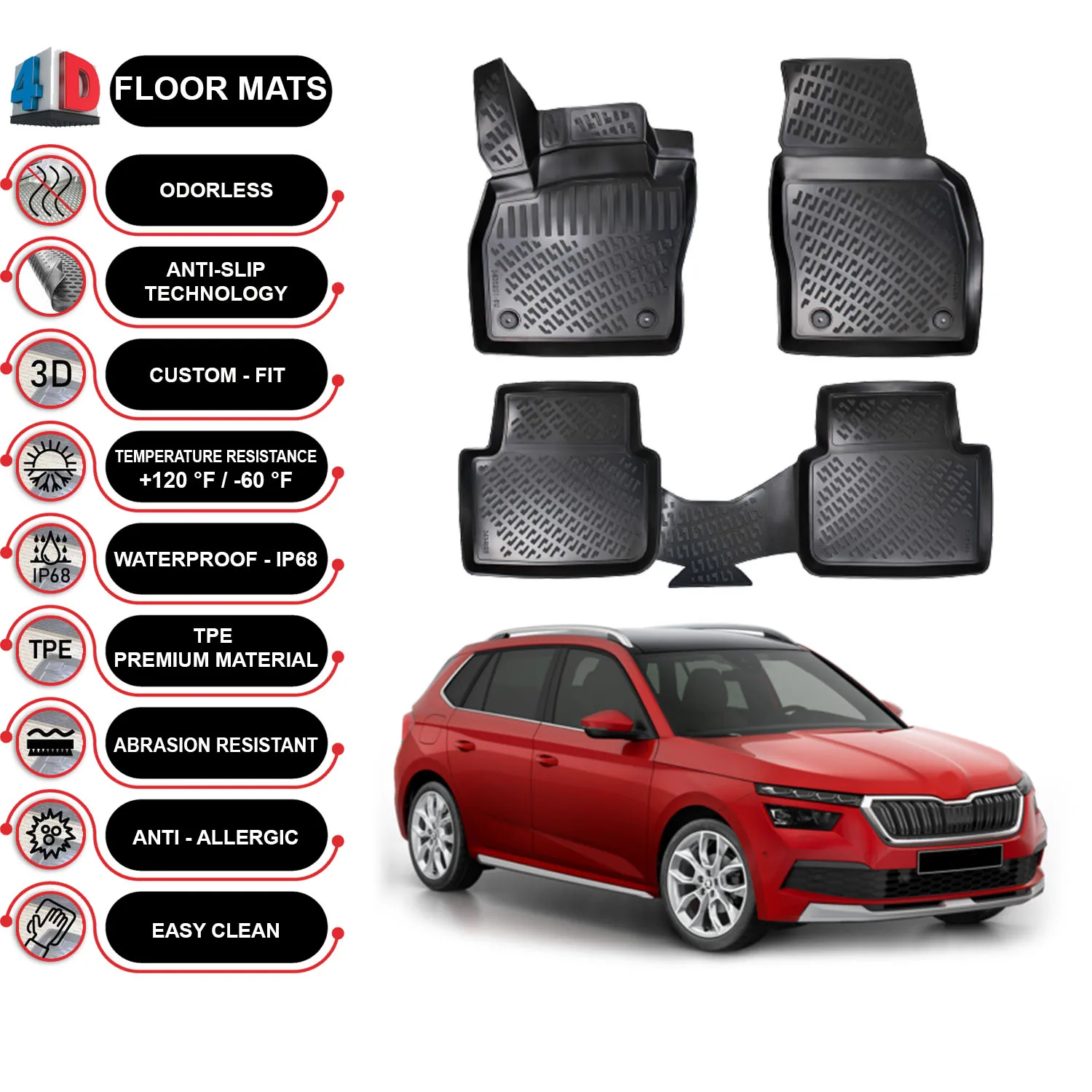 Skoda Kamiq - (2019-2022) Floor Mats Liner Waterproof 3D - (Black)