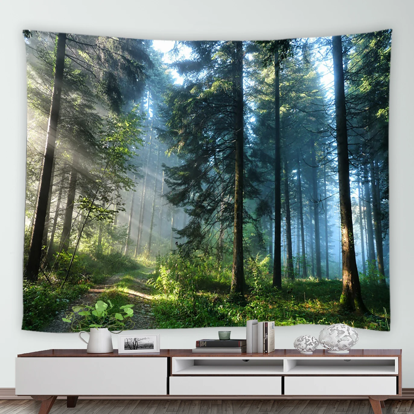 Home Decoration Country Nature Landscape Wall Hanging Fog Tree Waterfall Landscape Tapestry Mural Green Forest Tapestry 230x180