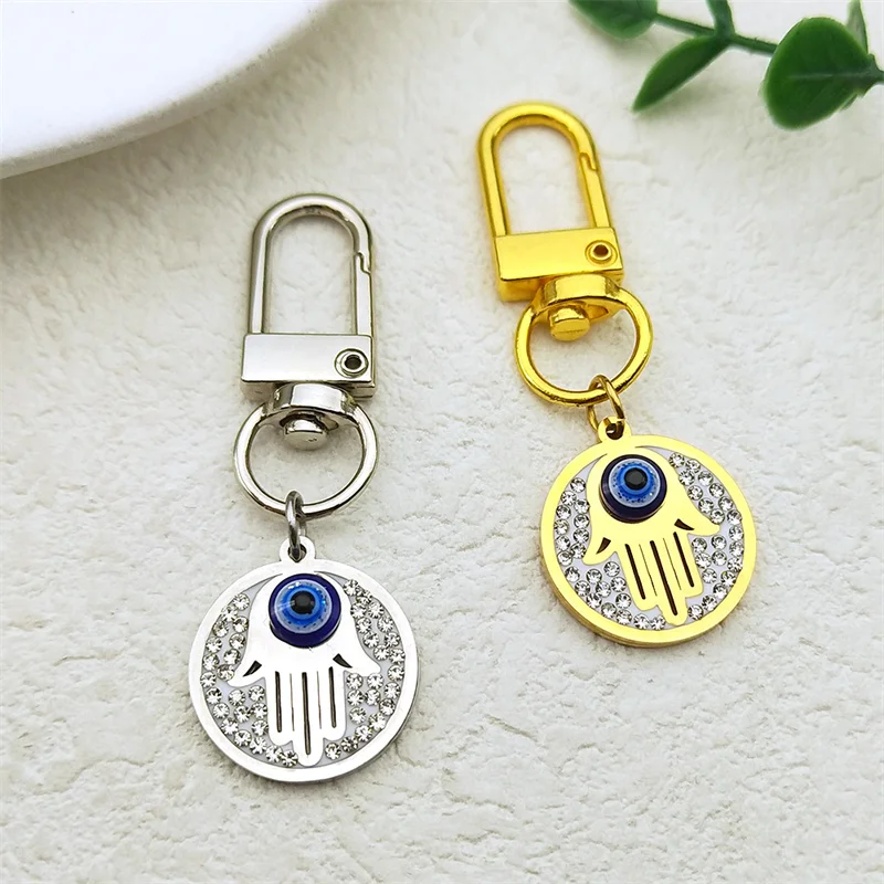 Fatima Hand Evil Blue Eyes Keychain For Women Men Stainless Steel Rhinestone Gold Color Turkish Lucky Key Rings Jewelry