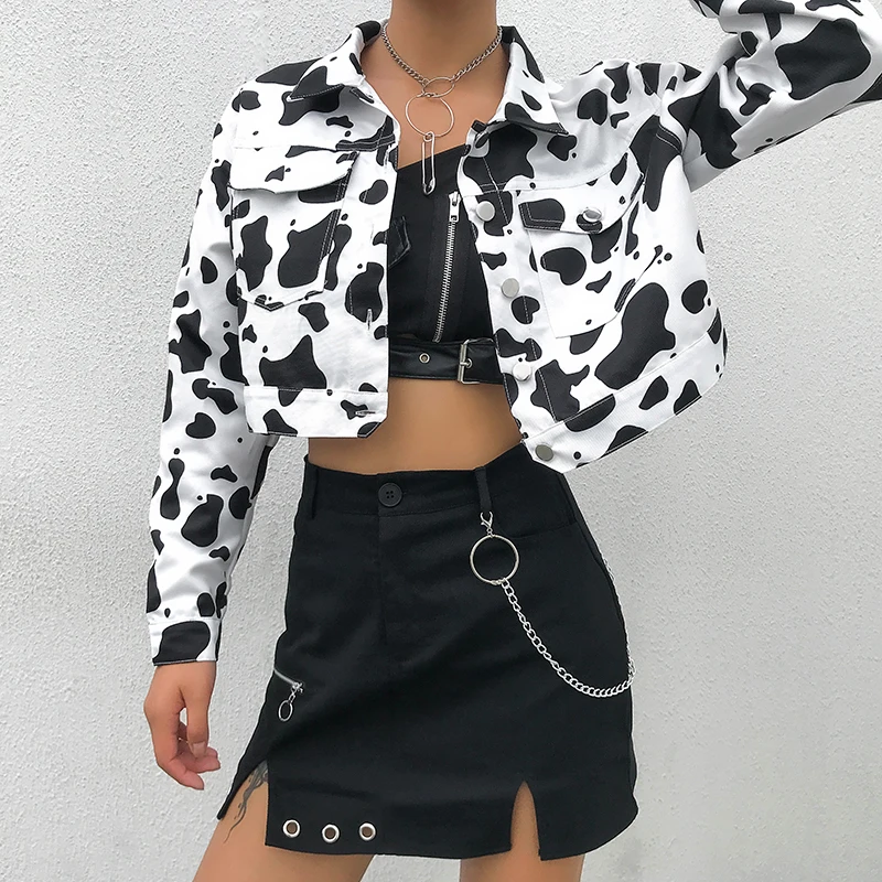 

Casual 2024 Harajuku Streetwear Cow Print Cropped Female Jacket Buttons Coat Women Cardigan Spring Autumn Jackets Outwear New