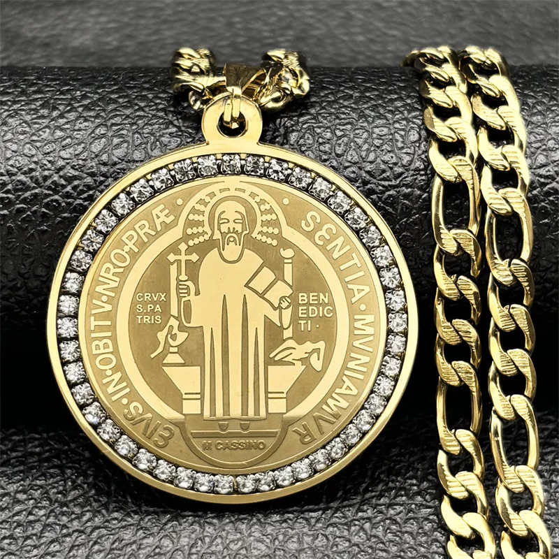 Hip Hop Crystals Saint Benedict Medallion Pendant Necklace Men Stainless Steel Gold Color Necklaces Jewelry San Benito Collares