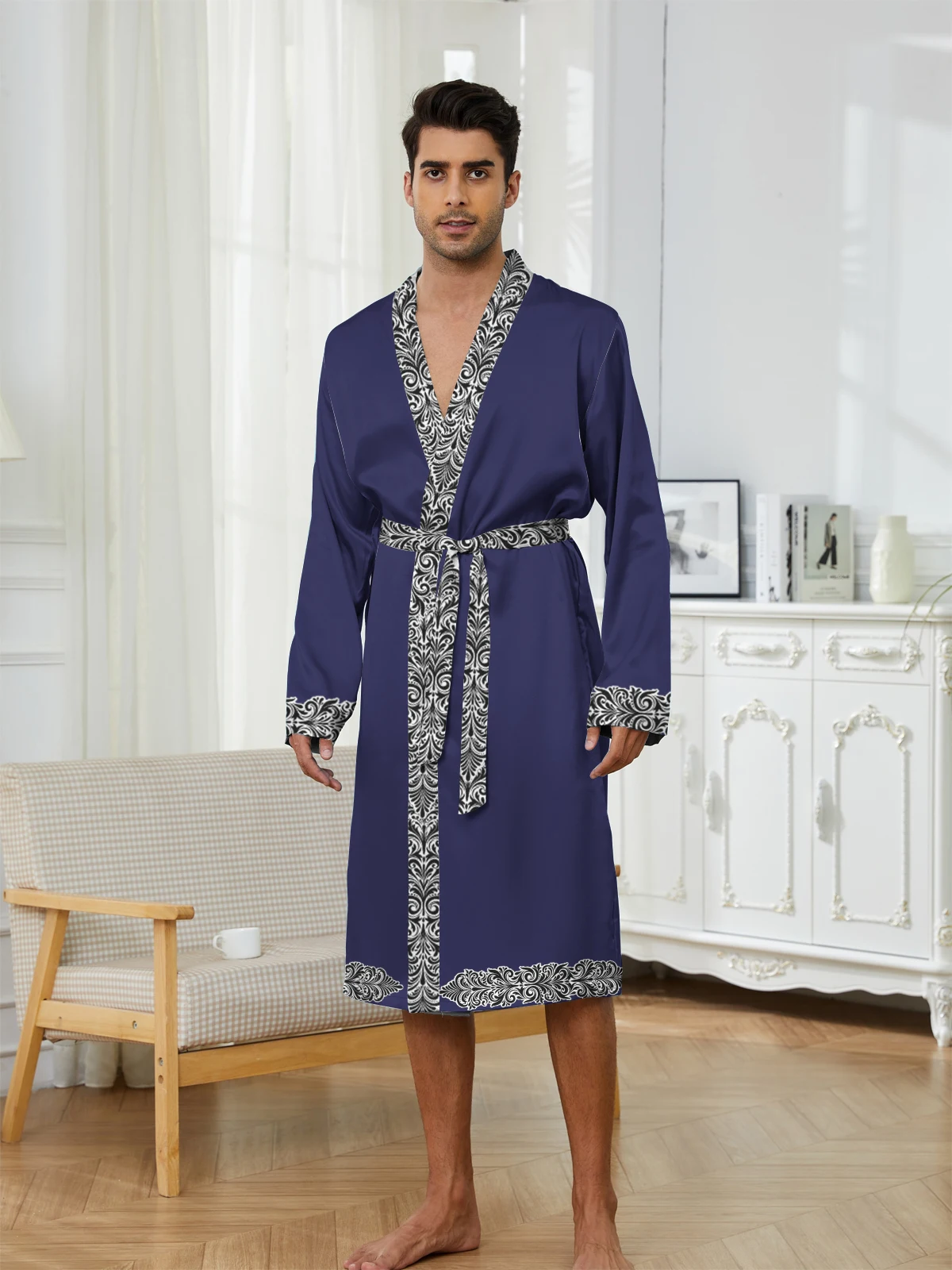 

New Men's Luxury Long Robe 3D Digital Printed Noble Pajama Thin Skin friendly Bathrobe