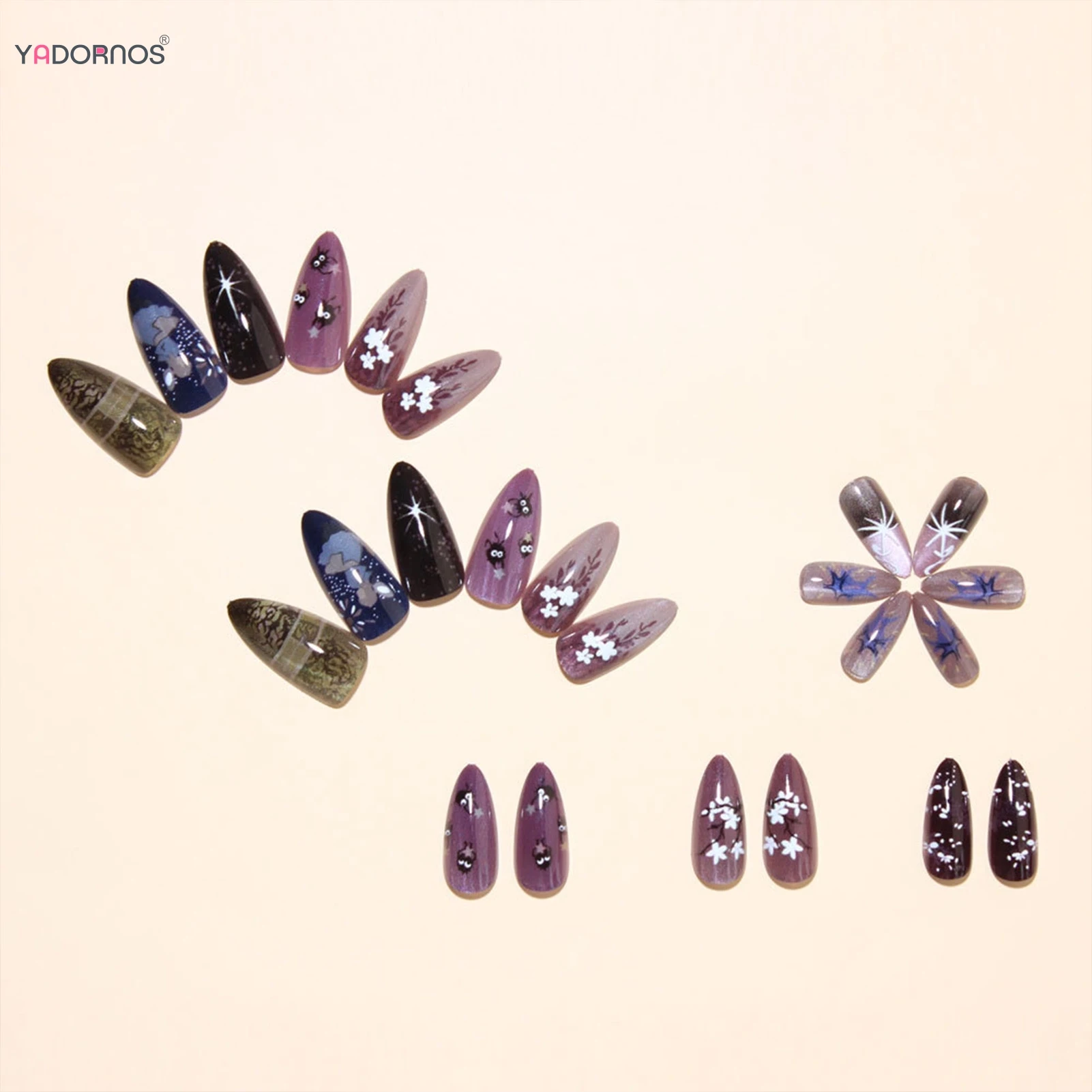 24pcs Purple Cat's Eye Press On Nails Colorful Flower Painted Girls Pattern False Nails Fall Winter Almond Wearable Fake Nail