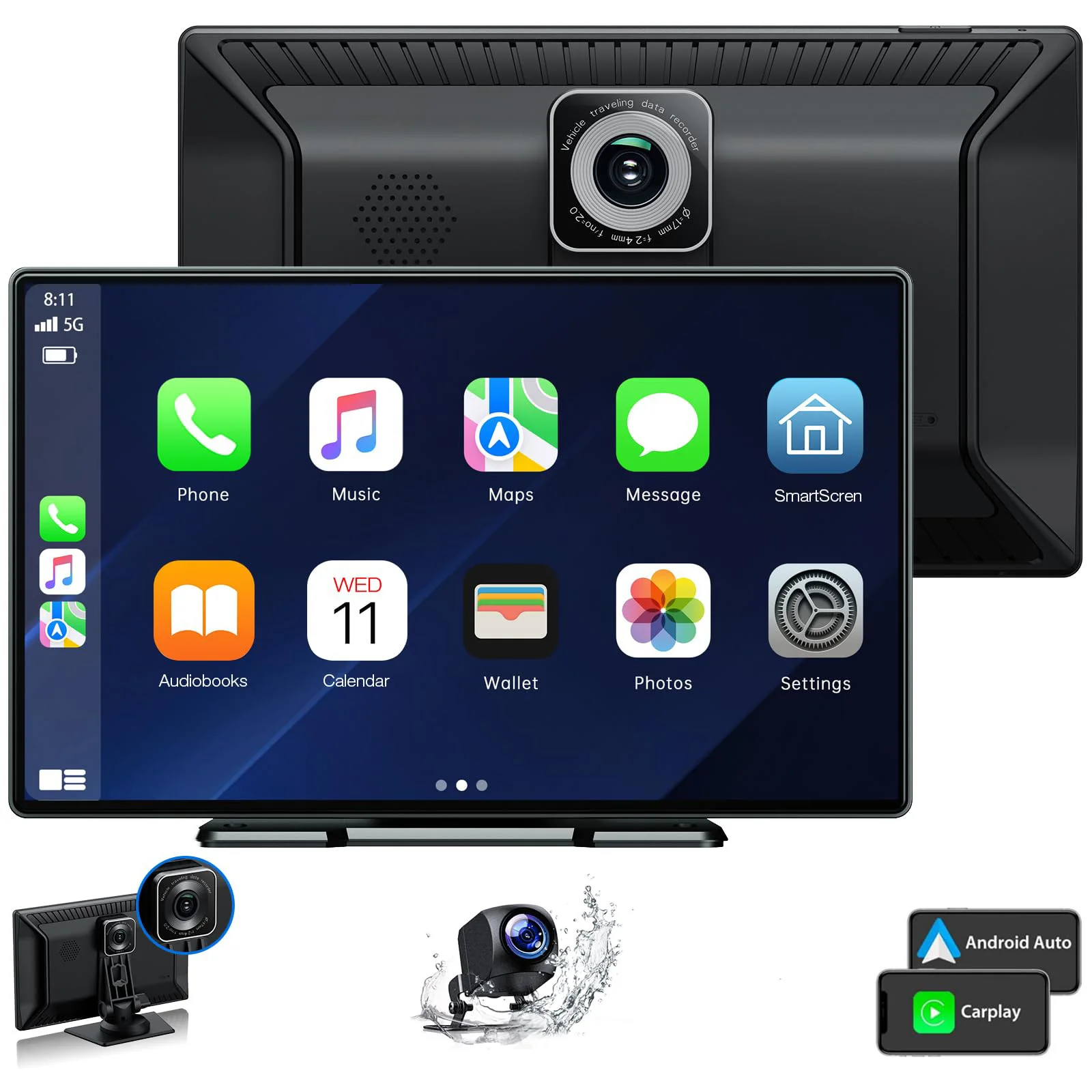 9'' TFT smart screen voice control wireless Carplay Android auto wireless projection portable GPS navigation PND Dual camera DVR