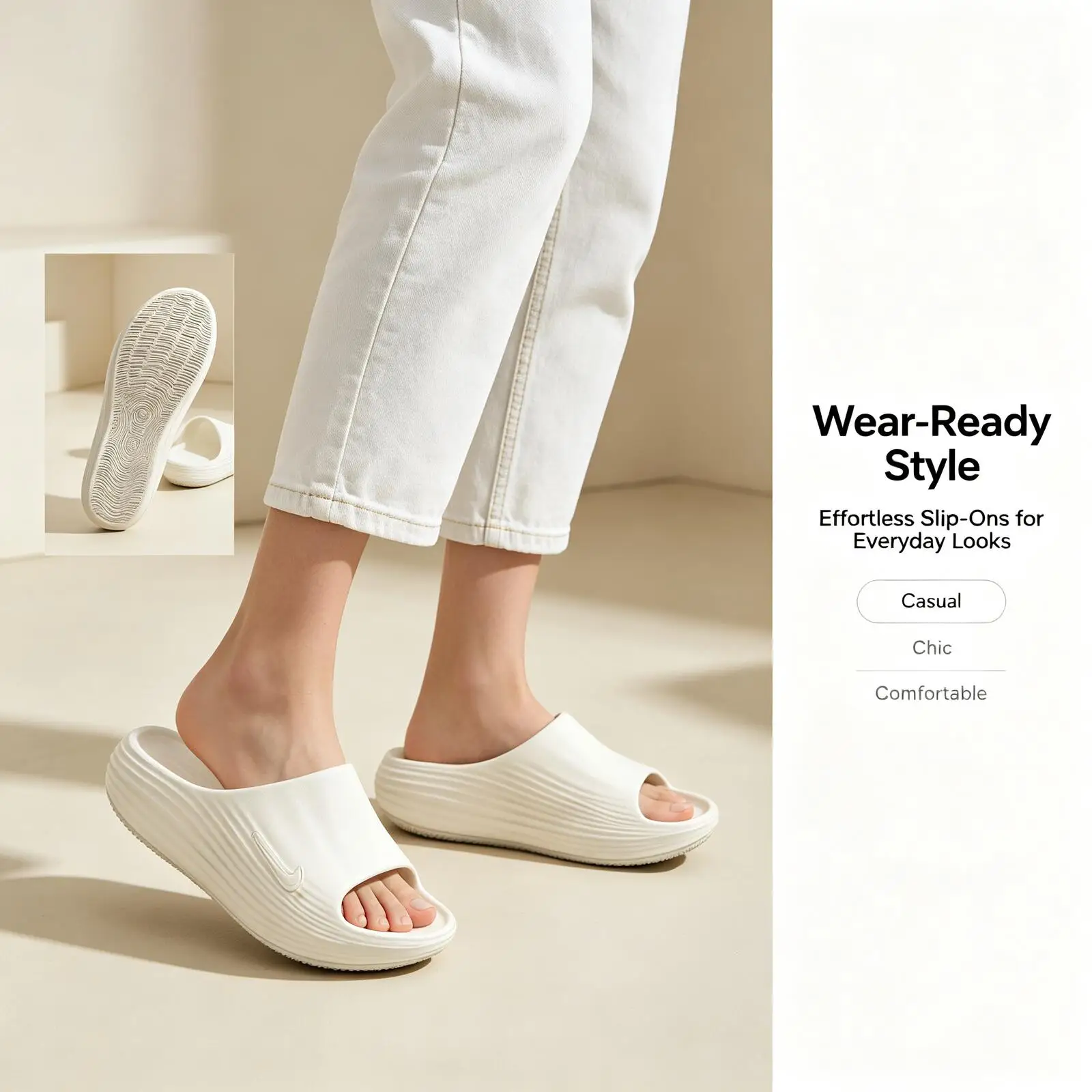 Nike Genuine White Cloud Slippers for Women, Soft Cushion Slip-On Sandals, Non-Slip Lightweight Indoor Bathroom Shoes HV4484-100