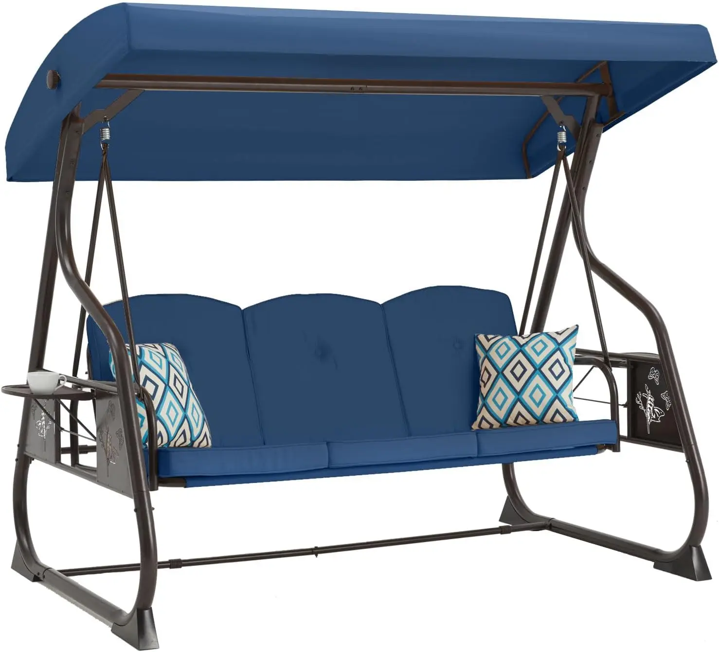 3-Seat Patio Porch Swing 800LBS with Stand, Adjustable Backrest, Removable Pillows, Foldable Side Tray (Blue)