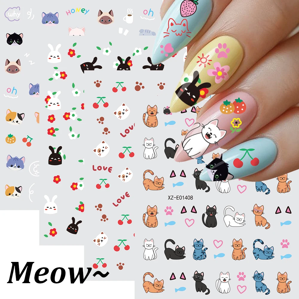 

3D Cute Animals Cat Rabbit Dog Nail Art Sticker Sweet Cherry Flower Heart Adhesive Nail Decals Korean Cartoon Manicure Stickers#