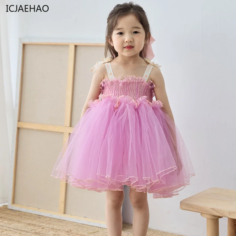 

ICJAEHAO 2024 Girl Dress Tulle Princess Sleeveless Sweet Fluffy Boutique Clothing Matching Children's Birthday Party Vestidos