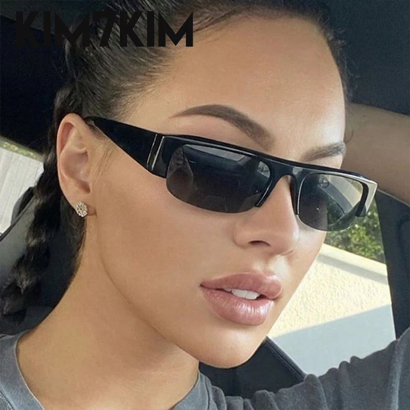 

2026 Y2K Punk Flat Top Rectangle Sunglasses Women Retro Black Half Frame Vintage Shades Designer Sun Glasses Streetwear Eyewear