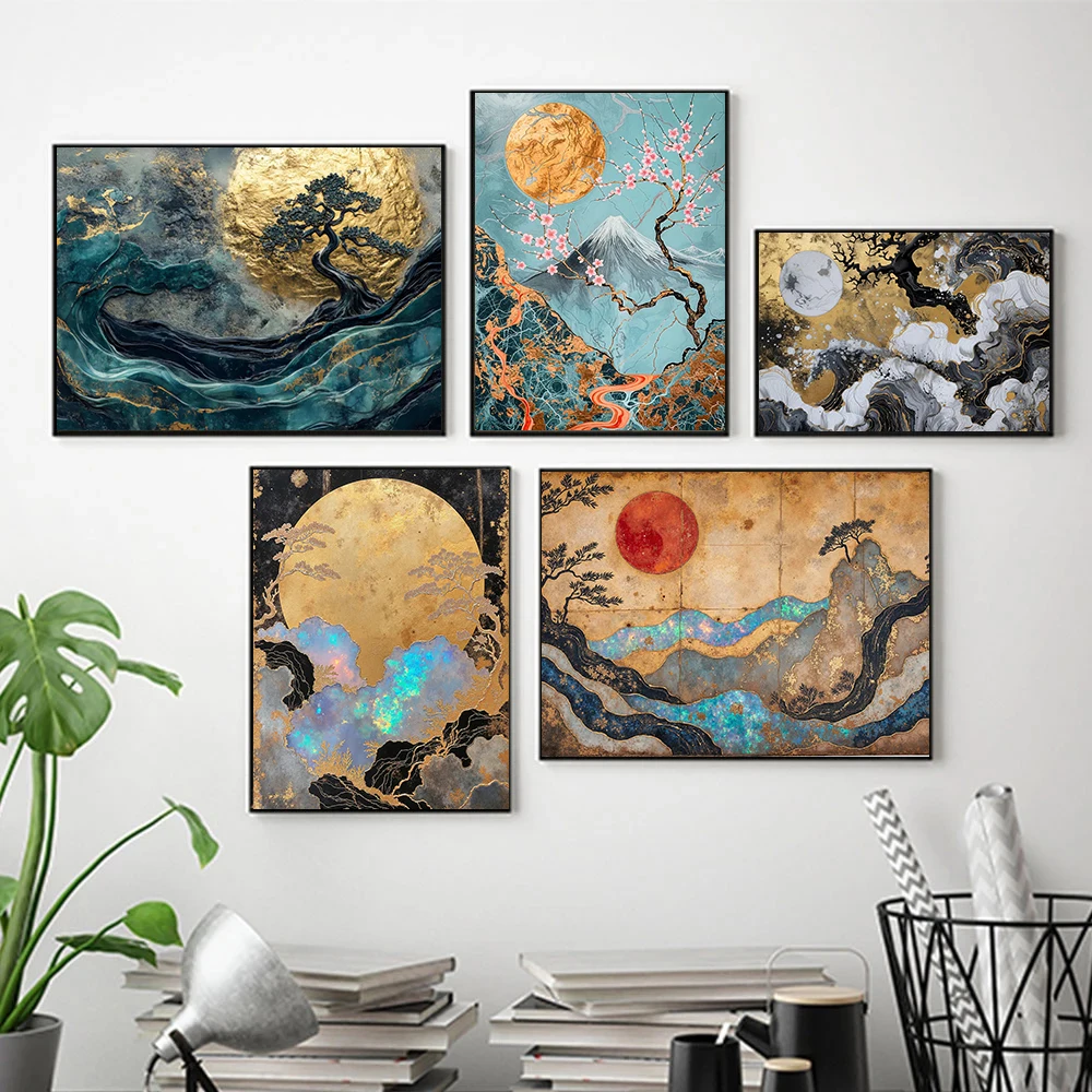 (2D Canvas Painting)  Abstract Moon Mountain Posters Classic Japanese Landscape Golden Modern Prints Canvas Wall Art Pictures