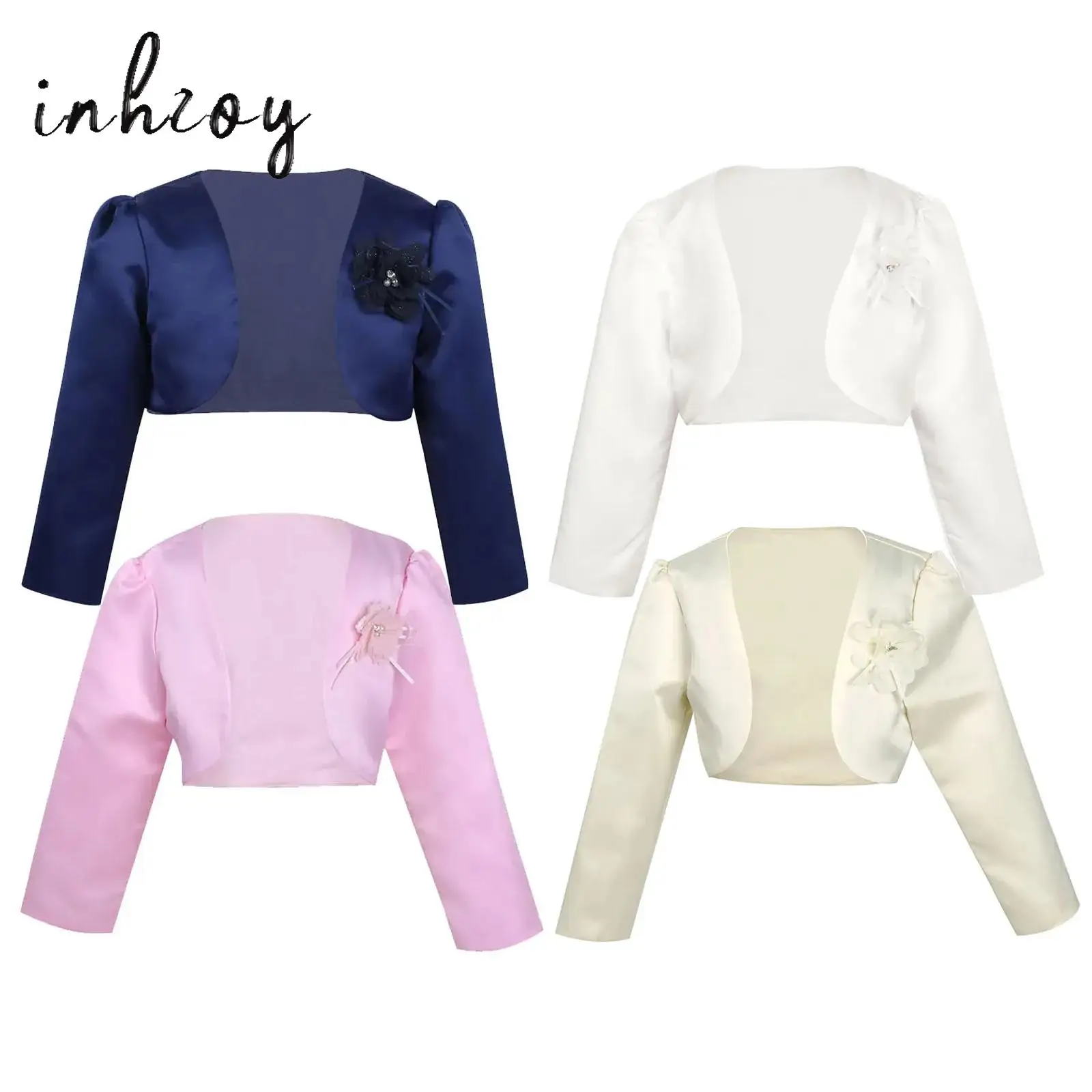 

Elegant Applique Kids Girls Satin Bolero Shrug Long Sleeve Open Front Wedding Party Dress Outwear Jackets Toddler Cute Shawl