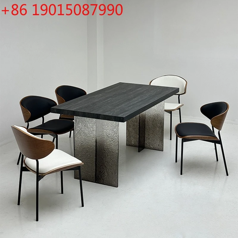 

Ретро простой космический обеденный стол из каменной плиты с черными отверстиями, бытовой прямоугольный комбинированный акриловый подвесной стол