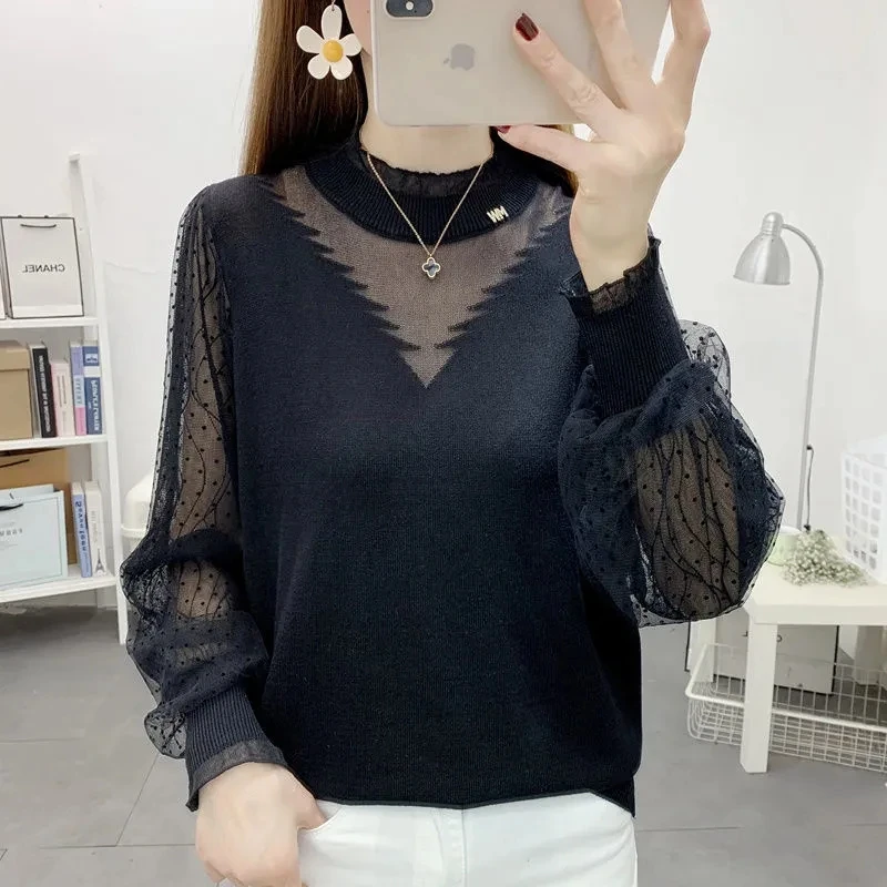 

Korean Mesh Spliced Long Sleeve Knitted Jumpers Female Solid Color Fashion Thin Round Neck Lace Sweaters Women's Clothing 2024