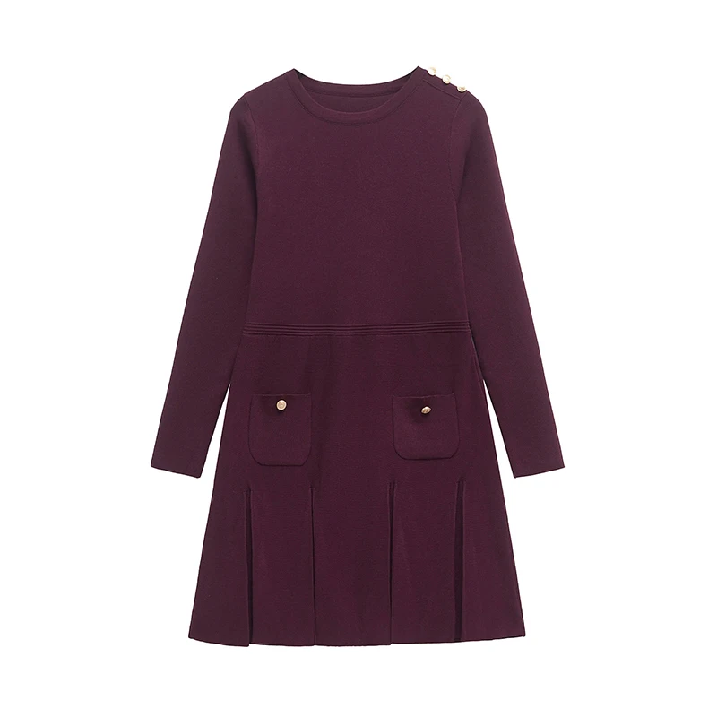 YENKYE Women Burgundy Hem Pleated Short Knit Dresses Long Sleeve O Neck With Pockets Autumn Winter Mini Dress Female Vestidos