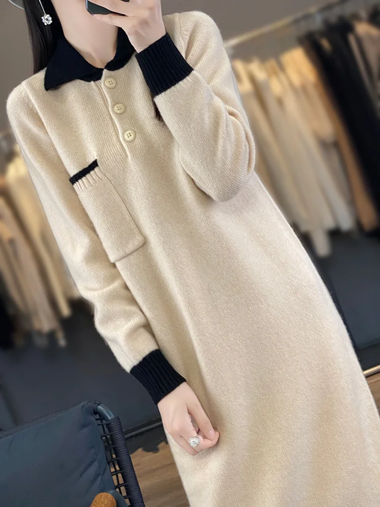 New Women Long Sweater Dress 100% Merino Wool Dress Autumn Winter Polo Collar Knitwear High Quality Poket Popular Cashmere Dress