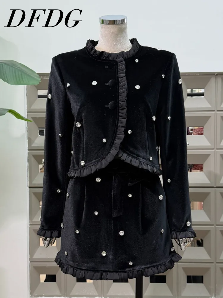 

DFDG Женская осенне-весенняя дизайнерская бархатная куртка с необработанными краями и бисером, юбка, комплект из двух предметов, костюм, блейзер, короткое пальто, комплект