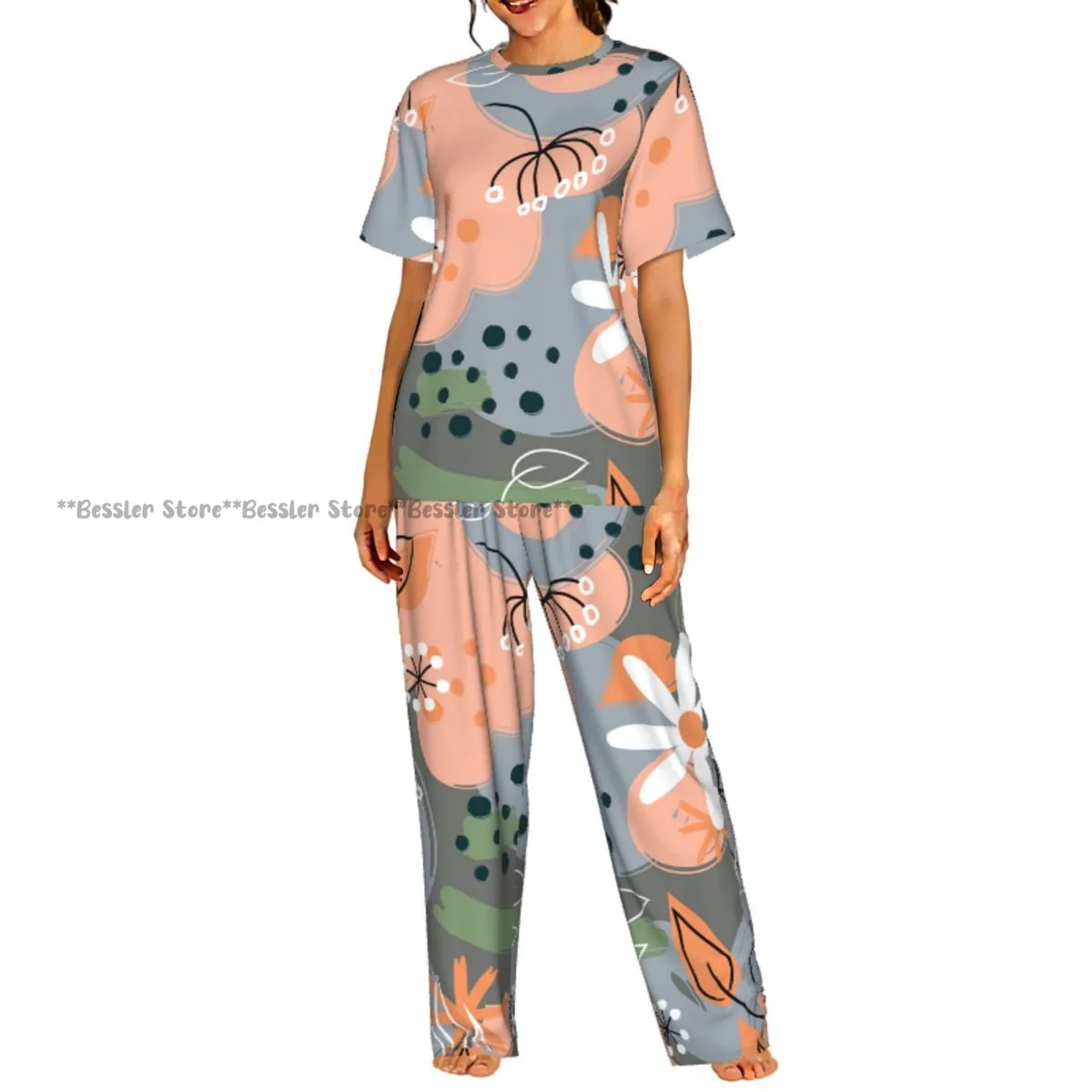 

Женский комфортный комплект пижамы с коротким рукавом и абстрактным цветочным принтом