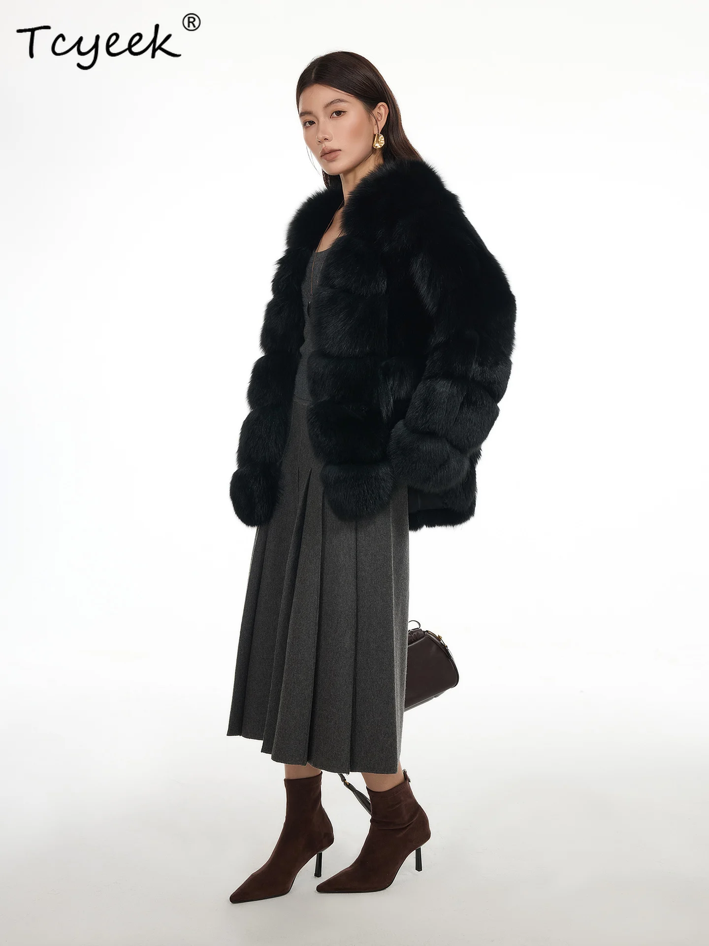 Tcyeek Wool Autumn Winter High End Trendy V-neck Black Fox Fur Medium Long Women's Wool Shearling Fur Coat Fourrures Femme