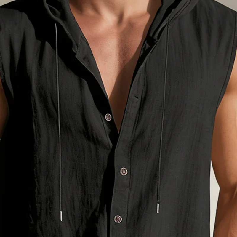 

Summer Solid Color Men Casual Wear Hooded Drawstring Sleeveless Shirt Adjustable Casual Suit Hiking Workout Outfit