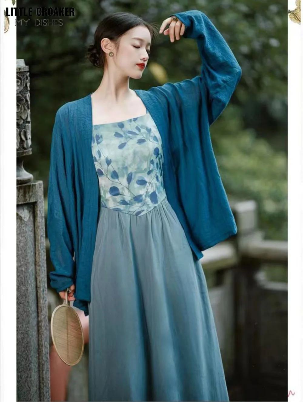 Vintage Autumn Chic and Elegant Woman Vacation Clothes Blue Cardigan + Long Spaghetti Dress 2 Piece Sets Women Outfit