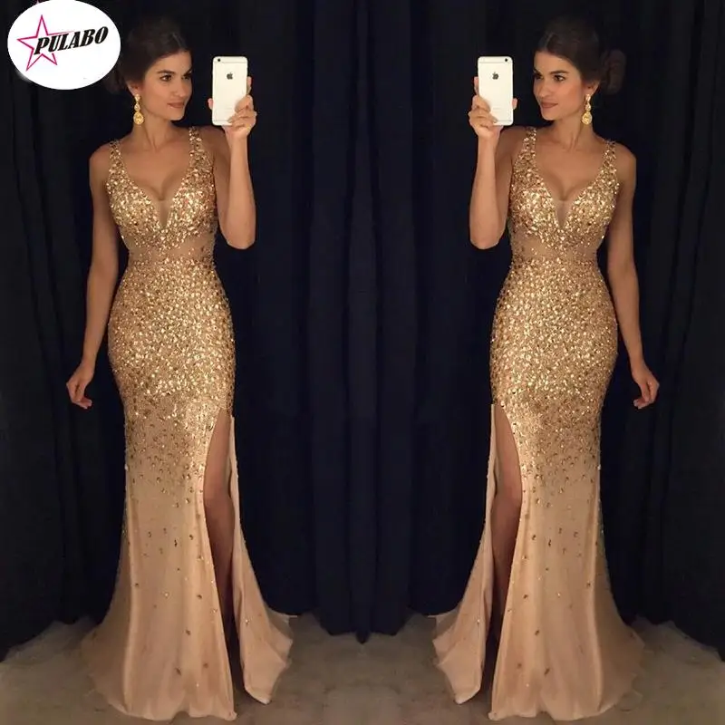 PULABO High Slit Women Sequin Prom Party Elegant Lady Backless Sexy Ladies Gold Elegant Bridesmaid V Neck Long Female robe Dress