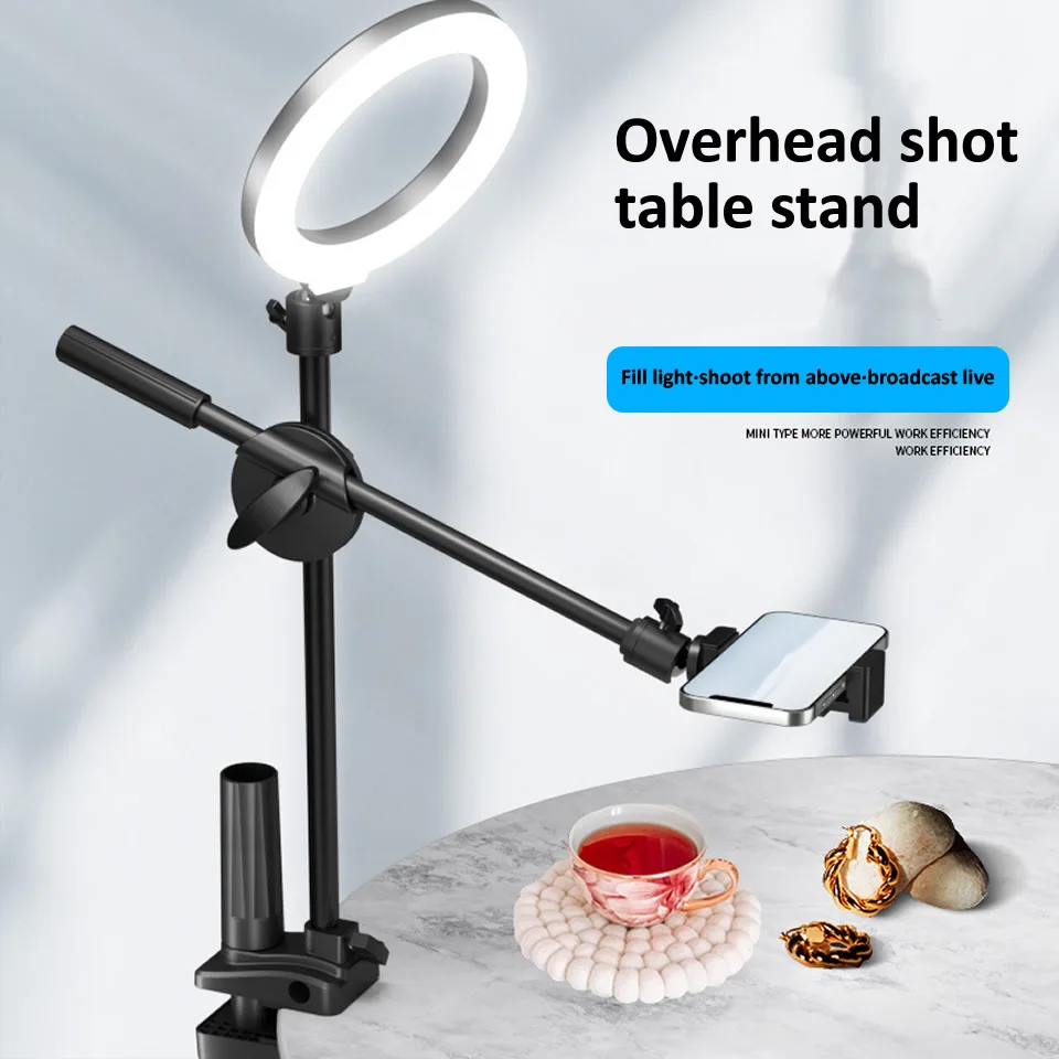 Desk Lifting Bracket with Phone Holder 360°Ballhead Clamp Mount with LED Ring Light Video Recording Desktop Food Overlooking