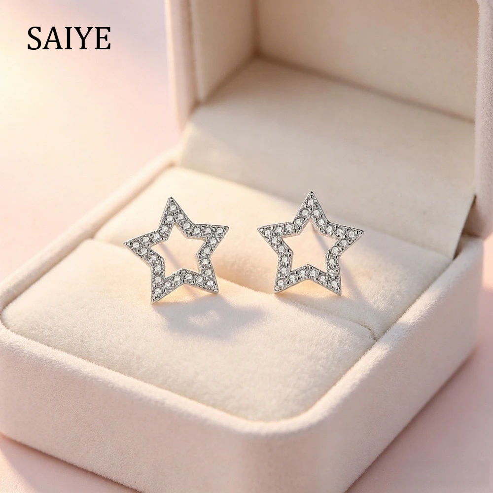925 Sterling Silver Hollow Geometric Stud Earrings, Pave Cubic Zirconia Star Earring, Minimalist Multi Shape Jewelry for Women