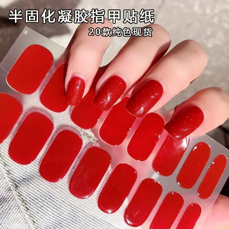 16 Tips UV Semi Cured Nail Stickers Black White Red Simple Nails Decoration Nail Polish Wraps Full Cover Adhesive Nails Decals