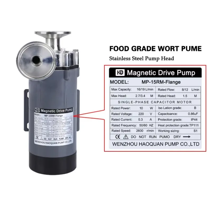 MP-15RM 110V 220V Home Brewing Wort Beer Pump 304 Stainless Steel High Temperature 120 Degree Celsius Flange Magnetic Drive Pump