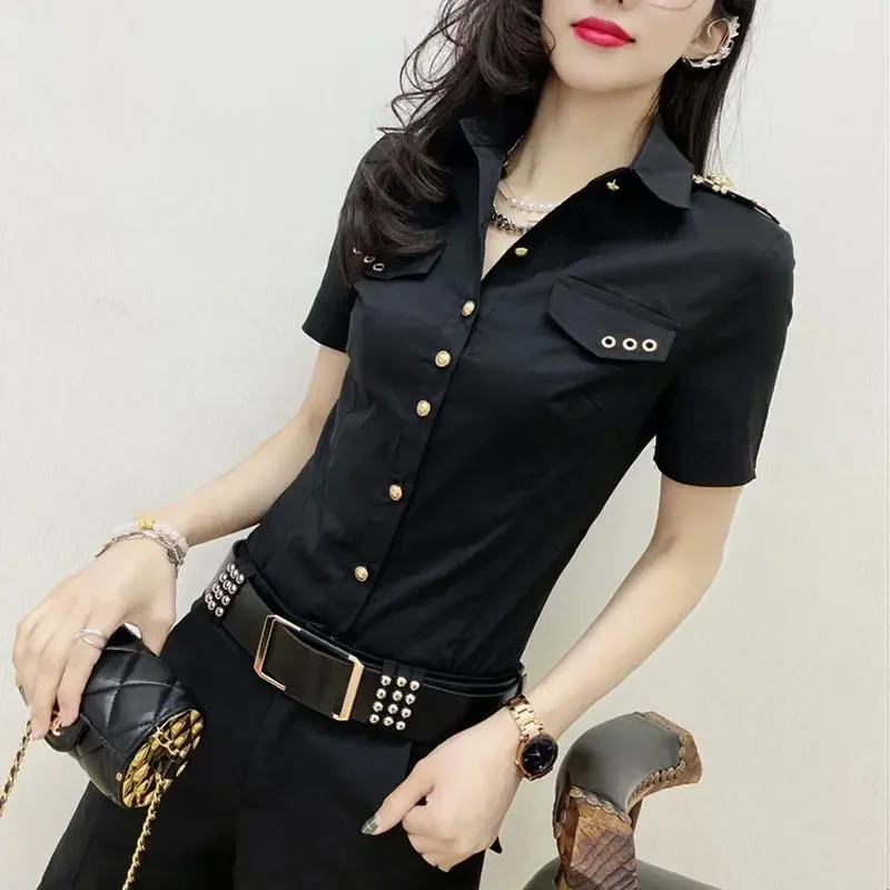 New Slim Summer Short-sleeved Shirt Women Epaulettes Autumn Long Sleeve Shirt White Korean Fashion Top Single-breasted