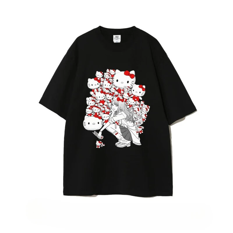 Camiseta de Algodão Estilo Hello Kitty e Menino Fofo, Manga Curta Bidimensional para Homens e Mulheres - Fashionável