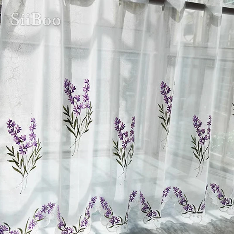 Purple violet embroidery voile half curtain for kitchen living room bay window tube style sunshine shade sp6658