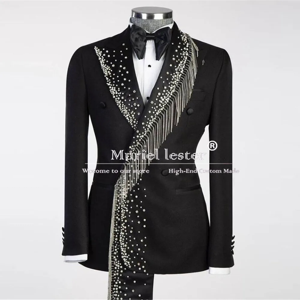 Exclusive Crystals Beaded Suits Men Double Breasted 2 Pieces Groom Wedding Tuxedos Smart Casuel Jacket Pants Male Fashion Blazer