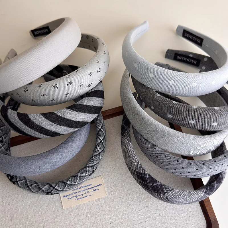 

New Retro Grey Series Headbands Polka Dots Stripes Wide Hair Band Womans Temperament Hair Hoop Lady Winter Fashion Accessories
