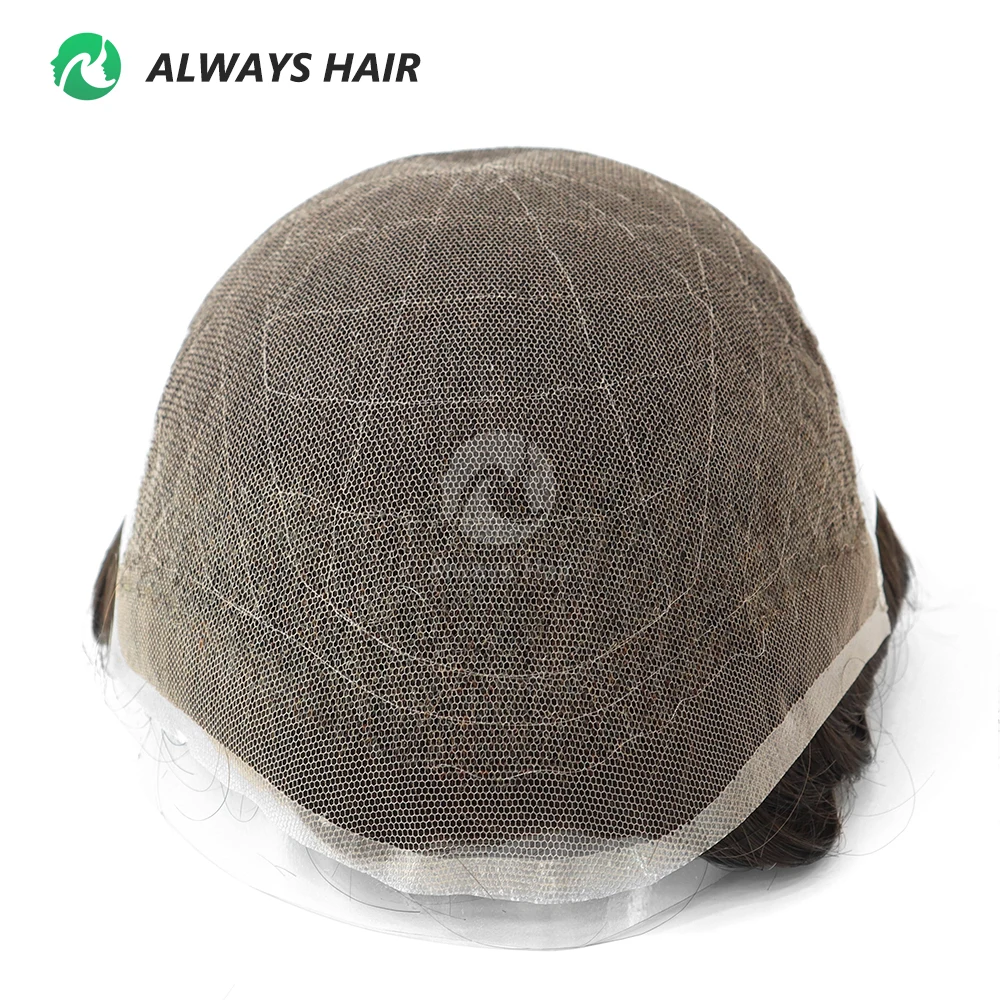 Alwayshair-peluca de tupé de línea de cabello Natural Invisible para hombre, cabello humano indio, encaje y PU, prótesis capilar para hombres, Q6