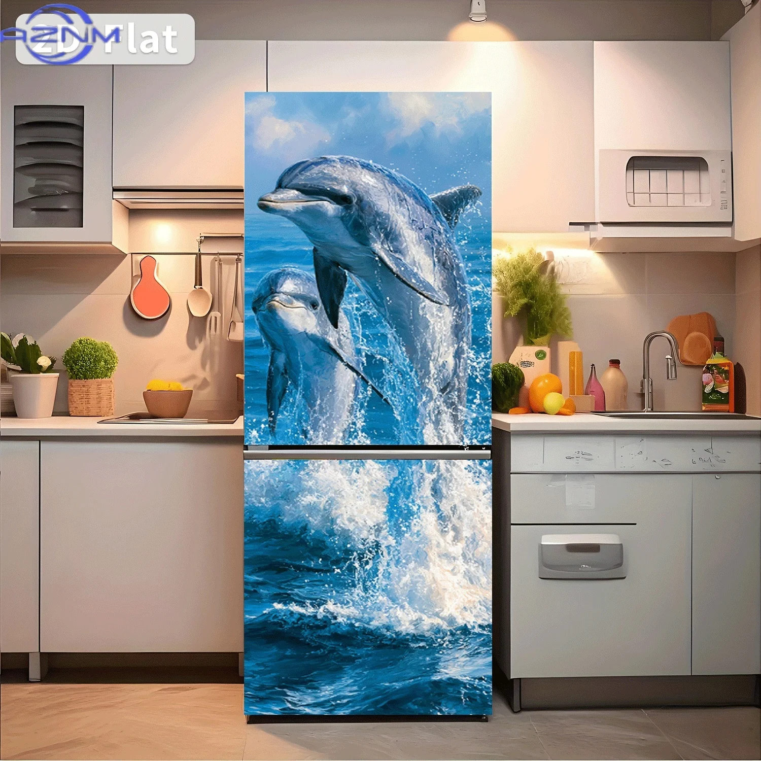 2D Flat Printing 1pc Refrigerator Sticker , Blue Ocean with Two Dolphins Leaping Over Waves Themed Design, Self-Adhesive Wall